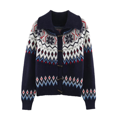 Women Chunky Knit Norwegian Cardigan with Shawl Collar and Horn Button Placket EVA-US