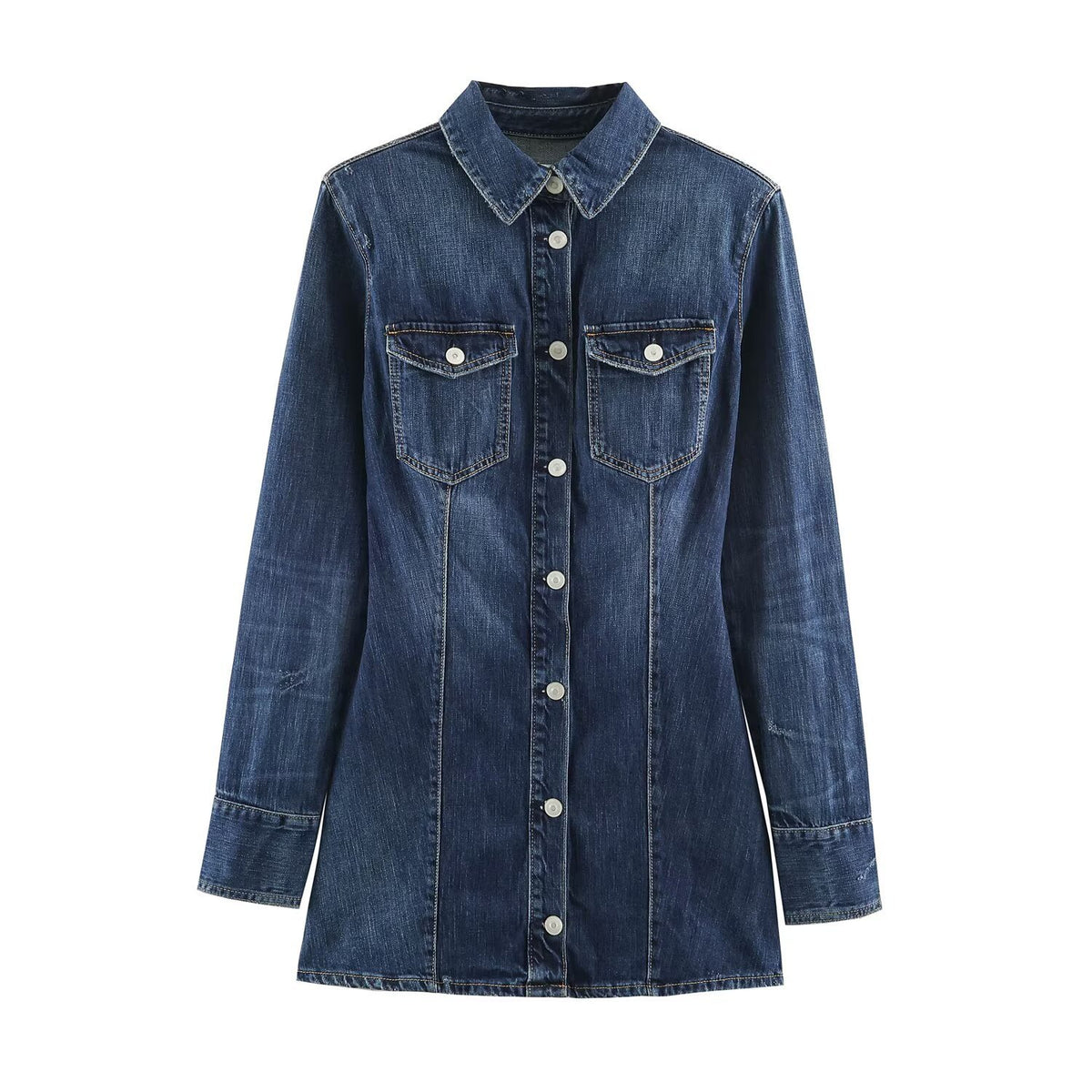 Women's Straight Denim Shirt Dress with Full Button Placket and Chest Pockets EVA-US