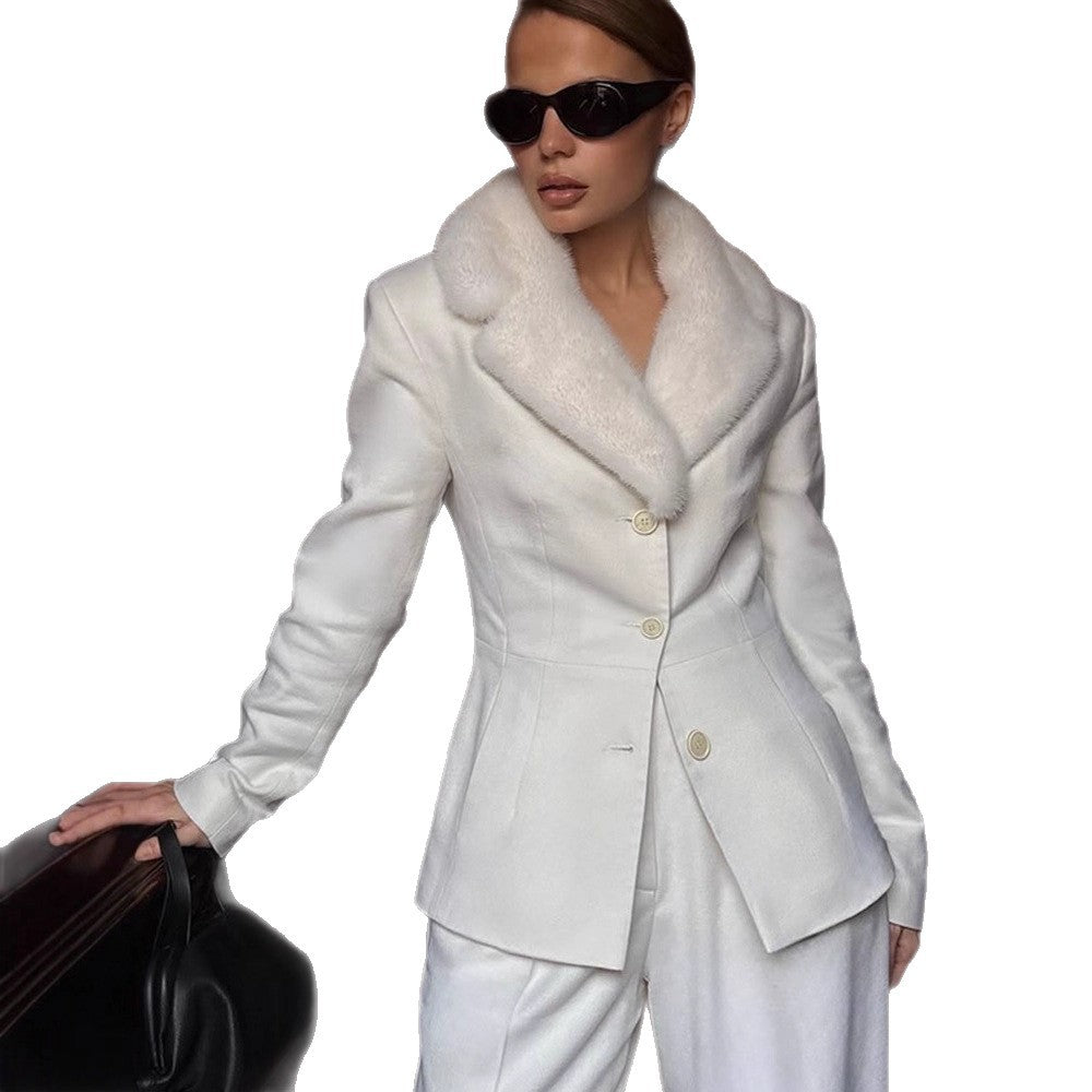 Women's Tailored Blazer with Faux Fur Shawl Collar & Wide Pleated Trousers EVA-US