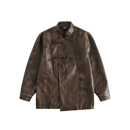 Men's Short Leather Look Coat in Vintage Style with Chinese Knot Closures EVA-US