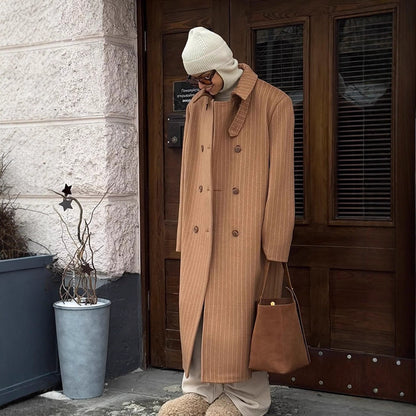 Women Double-Breasted Oversized Wool Blend Coat with Pinstripes and Loose Fit EVA-US