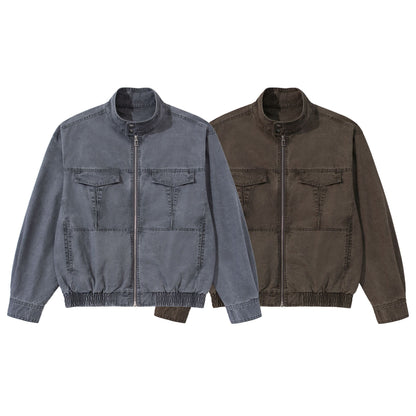 Men's short-cut utility jacket with high stand-up collar, zipper, and elastic hem EVA-US