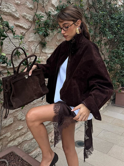 Women's short cut suede leather blouson with high stand-up collar, boxy oversized silhouette and concealed zipper EVA-US