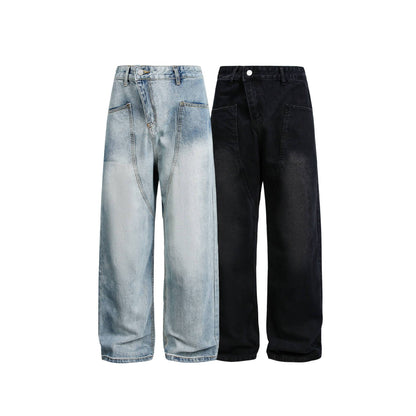 Women Wide High-Waist Jeans in Carpenter Style with Attached Front Pockets EVA-US