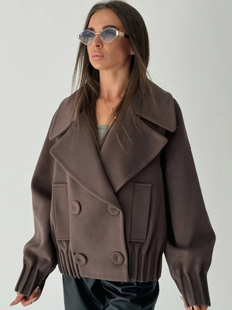Women's Short Boxy Wool Coat with Oversized Shawl Collar, Double Button Placket and Ribbed Cuff EVA-US