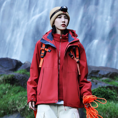 Women’s technical multi-layer hardshell rain jacket with adjustable hood, chest strap, and water-resistant zippers EVA-US