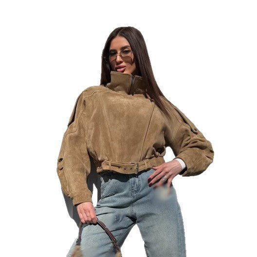 Ladies short-cut suede bomber jacket with belt & oversized sleeves EVA-US