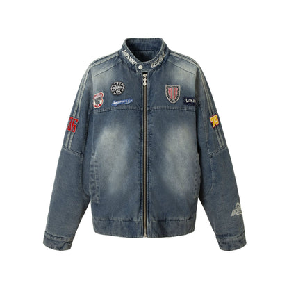 Men's jeans bomber jacket with vintage wash, patch detail and stand-up collar EVA-US