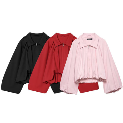 Women's short cut blouson jacket with wide balloon sleeves, zipper, and elastic hem EVA-US