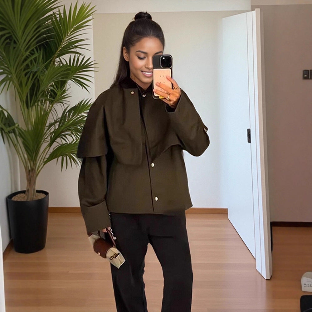 Women's Short Trench Coat with Cape Overlay and Oversized Sleeves EVA-US