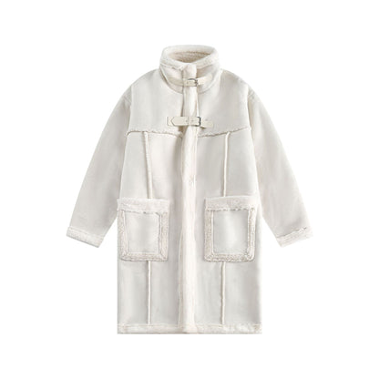 Women Long Oversize Sheepskin Imitation Coat with Stand-up Collar and Buckle Closure EVA-US