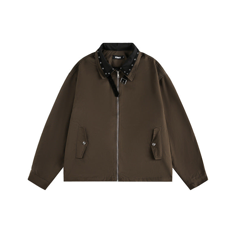 Unisex Boxy Blouson Jacket with Stud Decoration at the Buckle Collar and Concealed Zipper EVA-US
