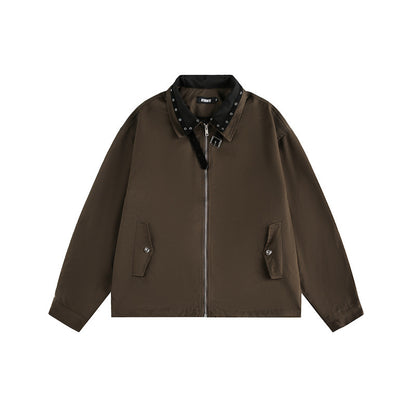 Unisex Boxy Blouson Jacket with Stud Decoration at the Buckle Collar and Concealed Zipper EVA-US