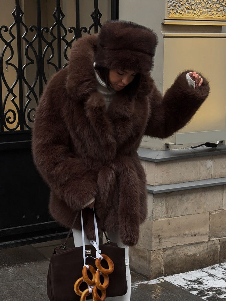 Ladies Voluminous Short Coat made of Faux Fur with Belted Waist and Oversized Shawl Collar EVA-US