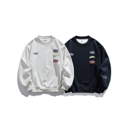 Unisex Oversize Sweater with Round Neck, Badge Appliqués and Ribbed Cuffs EVA-US