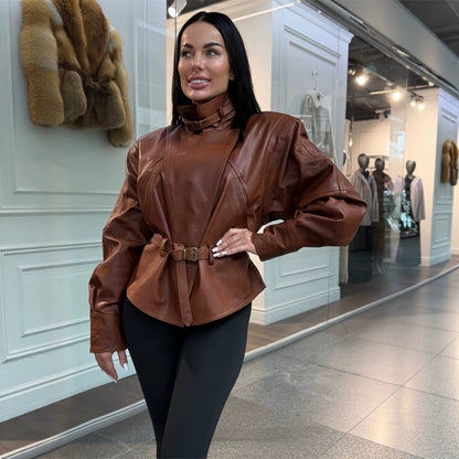 Women Tailored Faux Leather Jacket with Stand Collar, Neck Strap and Figure-Shaping Waist Belt EVA-US