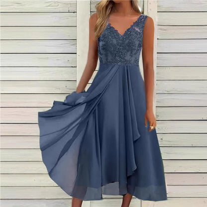 Women's elegant evening midi dress with embroidered lace bodice, tailored draping, and flowing layered skirt