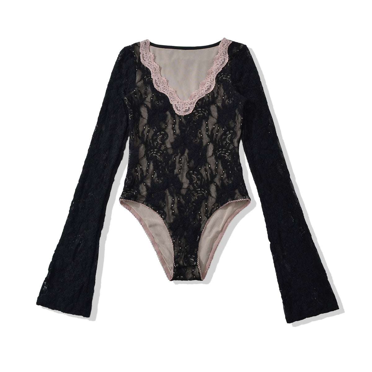 Women's lace bodysuit with long sleeves, deep V-neck and fine tulle lace.