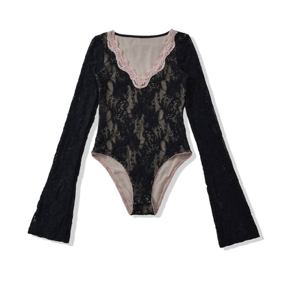 Women's lace bodysuit with long sleeves, deep V-neck and fine tulle lace.