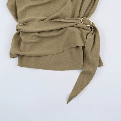 Women's wrap knit sweater with belt ring and deep V-neck EVA-US