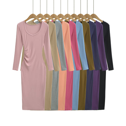 Women's Fitted Midi Dress with Side Ruching and Double Neckline EVA-US