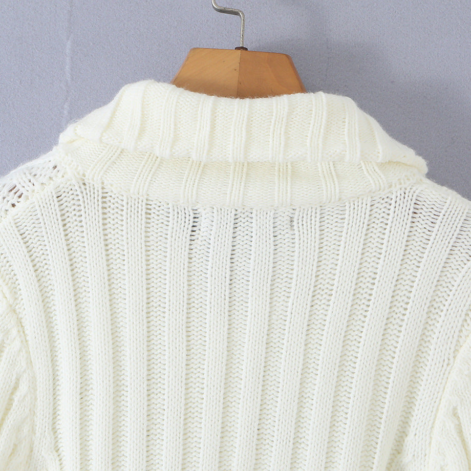 Ladies short knitted cardigan with stand-up collar, cable pattern, wooden button toggles and pockets EVA-US
