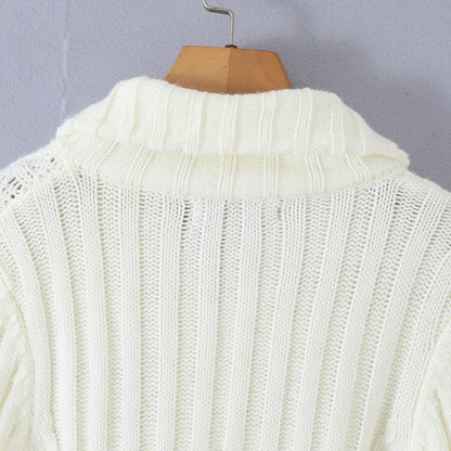 Ladies short knitted cardigan with stand-up collar, cable pattern, wooden button toggles and pockets EVA-US