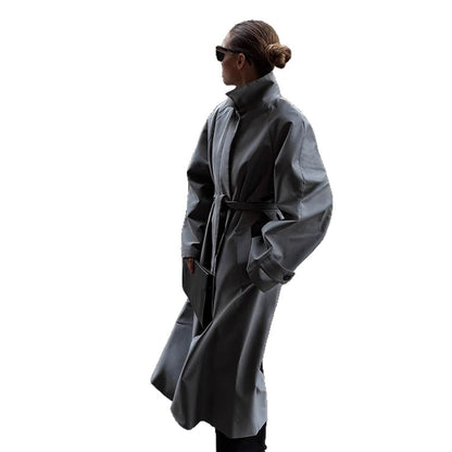 Women Oversized Trench Coat with High Stand Collar, Tie Belt and Concealed Button Placket EVA-US