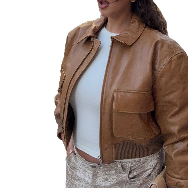 Women's Short Leather-Look Blouson Jacket with Large Flap Pockets and Ribbed Cuff EVA-US