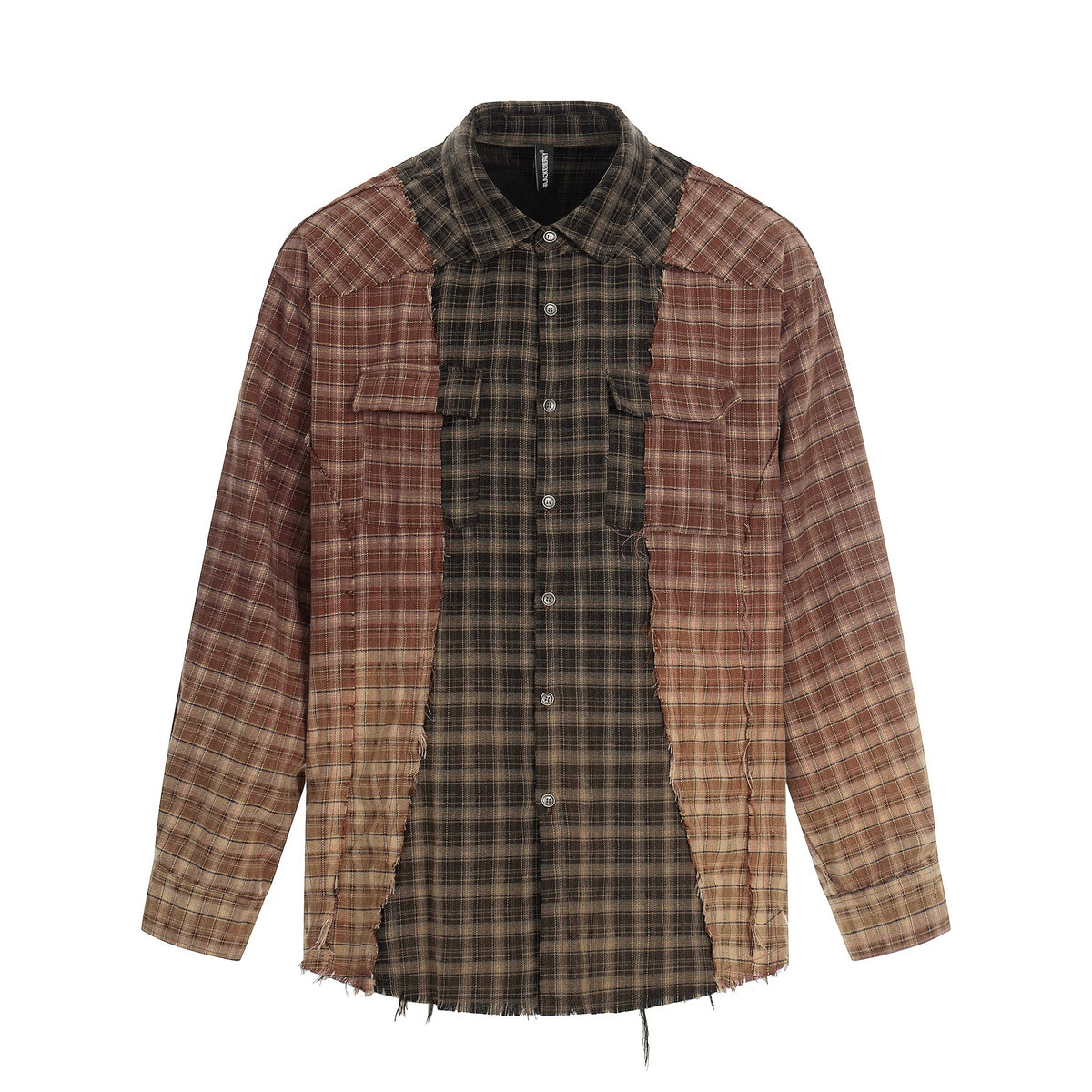 Men's Patchwork Flannel Overshirt with Frayed Edges EVA-US