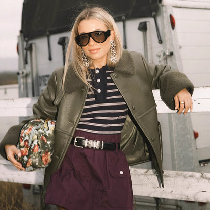 Ladies Short Aviator-Style Bomber Jacket with Teddy Lining and Boxy Silhouette EVA-US