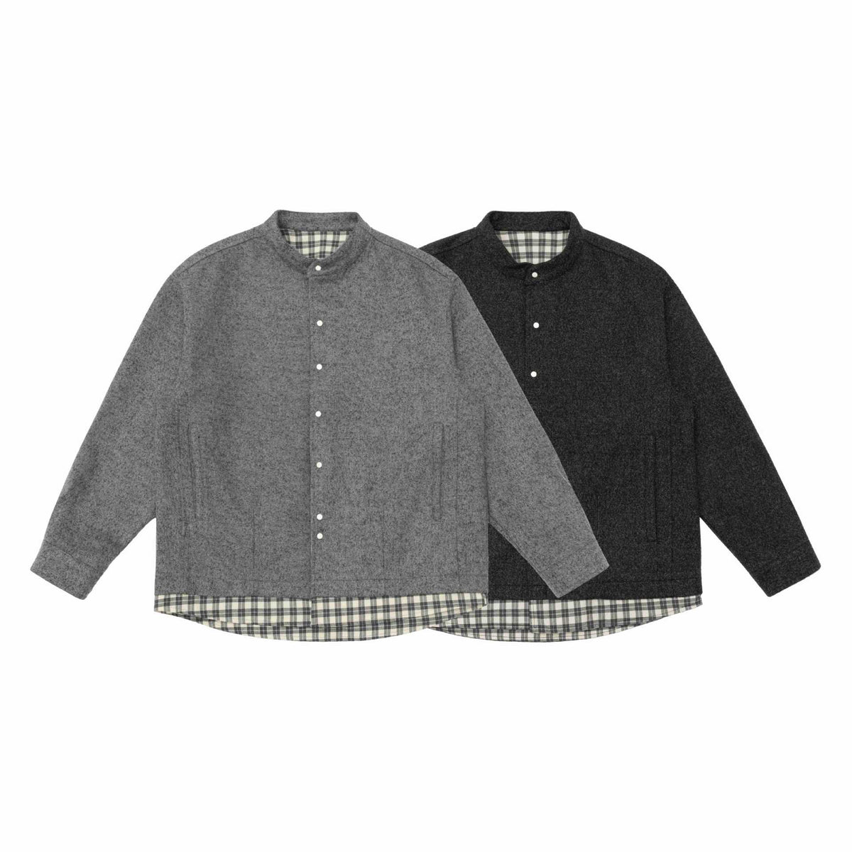 Unisex Short Cut Wool Blend Blouson with Stand-Up Collar and Checked Interior Band EVA-US