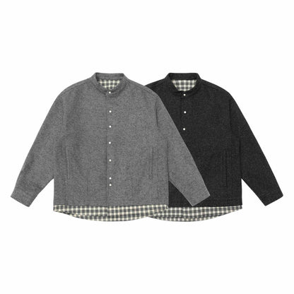 Unisex Short Cut Wool Blend Blouson with Stand-Up Collar and Checked Interior Band EVA-US