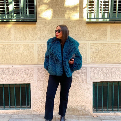 Women's Short Textured Faux Fur Coat with Voluminous Shawl Collar EVA-US