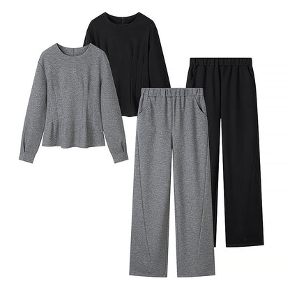 Women's Two-Piece Lounge Set with Round Neck Top and Elastic Wide Leg Pants made of Jersey EVA-US