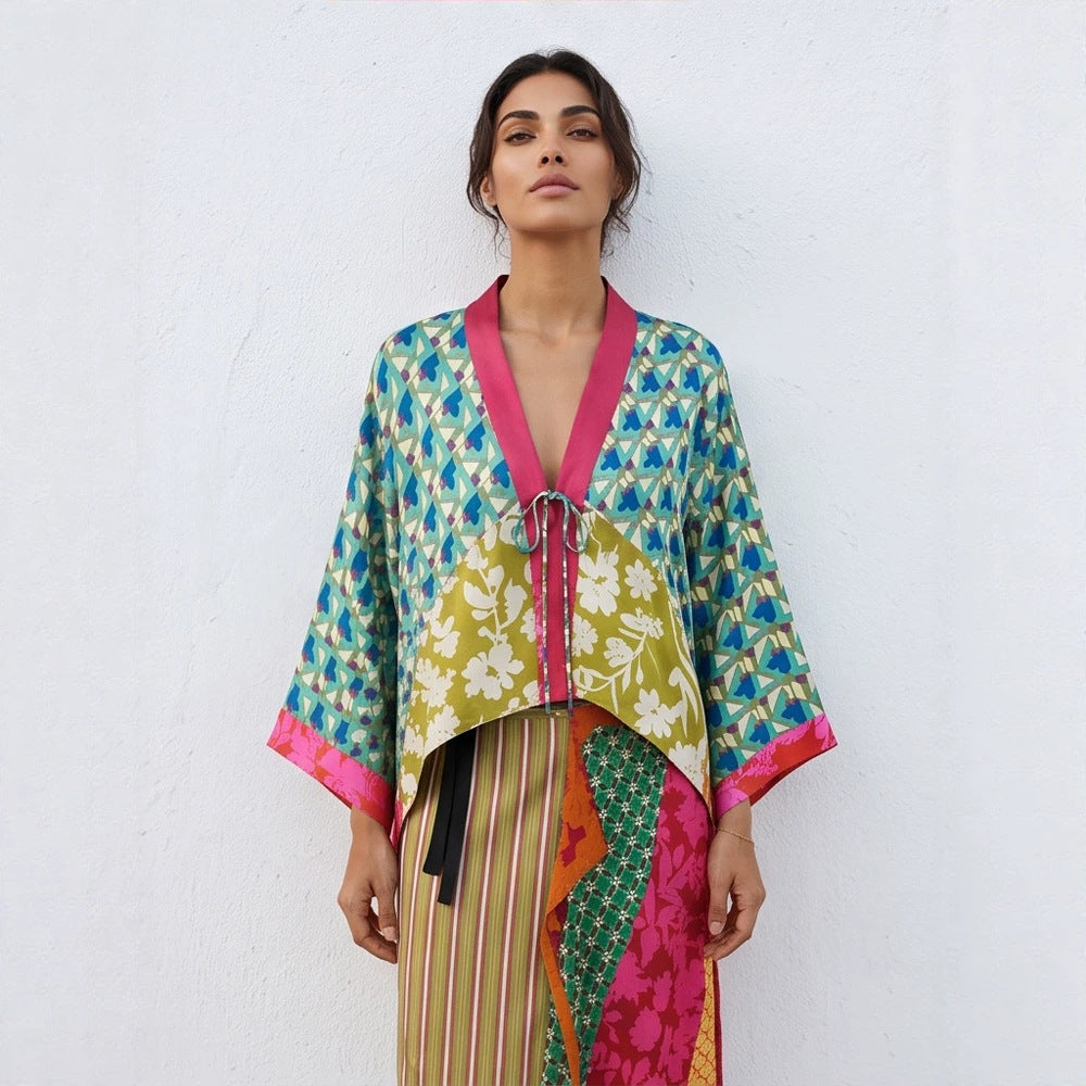 Women's Patchwork Kimono Top made of silk blend with deep V-neck and tie belt EVA-US