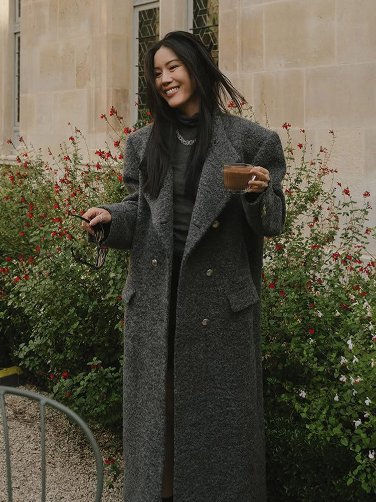 Women Maxi Long Oversize Wool Blend Coat Double Breasted with Boxy Silhouette and Patch Pockets