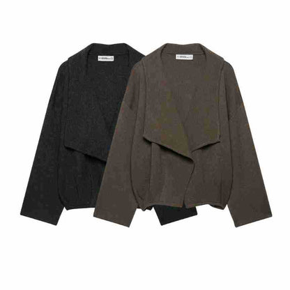Women's short cut open wool blend cardigan with large shawl collar and boxy cropped silhouette EVA-US