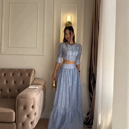 Women's Two-Piece Chiffon Set with Cropped Puff Blouse and Tiered Maxi Skirt EVA-US