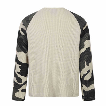 Unisex Waffle Knit Long Sleeve Shirt with Raglan Sleeves and Camouflage Details EVA-US