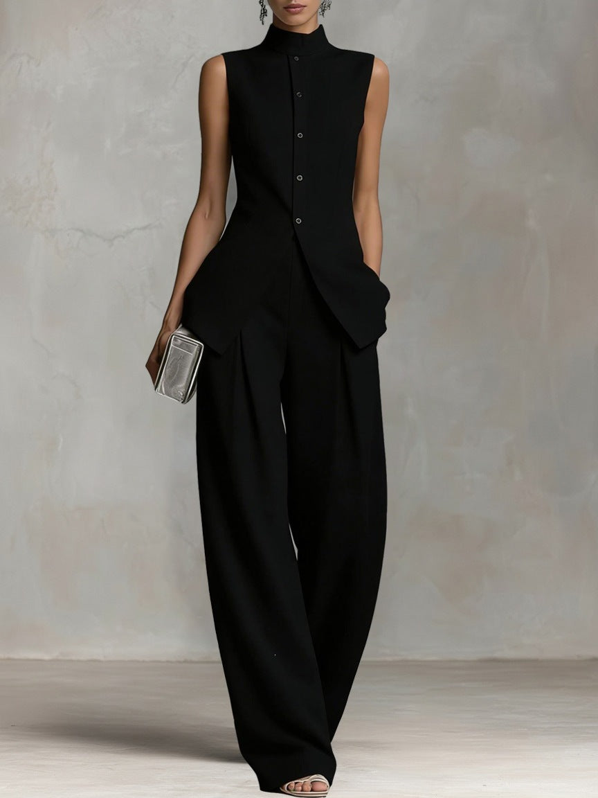 Women's Suit with Stand Collar and Wide Legs – Sleeveless Top & Marlene Pants
