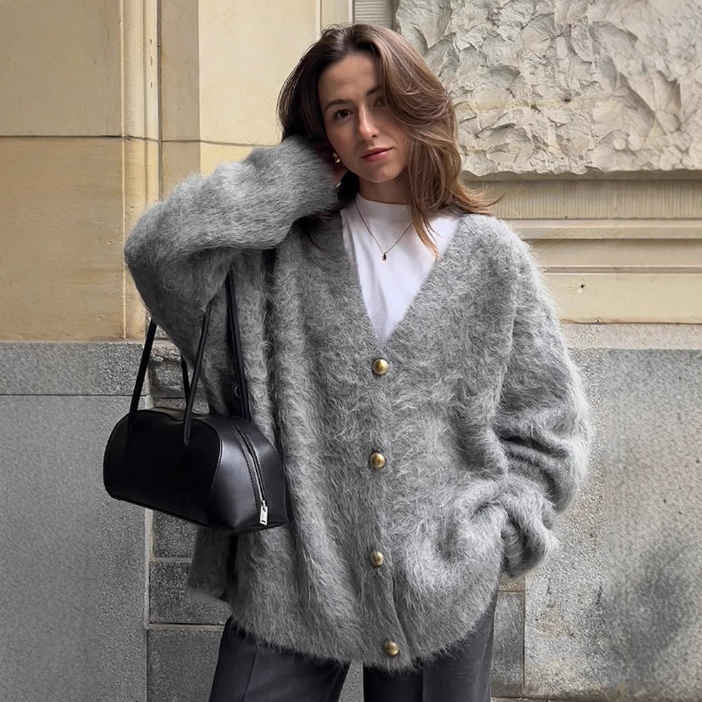Women Fluffy Mohair-Optics Oversize Cardigan with V-Neck and Golden Decorative Buttons EVA-US