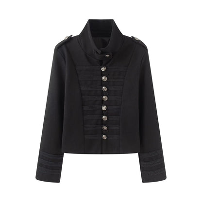 Women's short jacket in hussar style with stand-up collar, decorative cords and metal button placket EVA-US