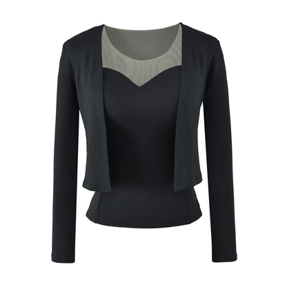 Ladies Two-Piece Fine Knit Top Set with Mesh Insert and Open Cardigan EVA-US