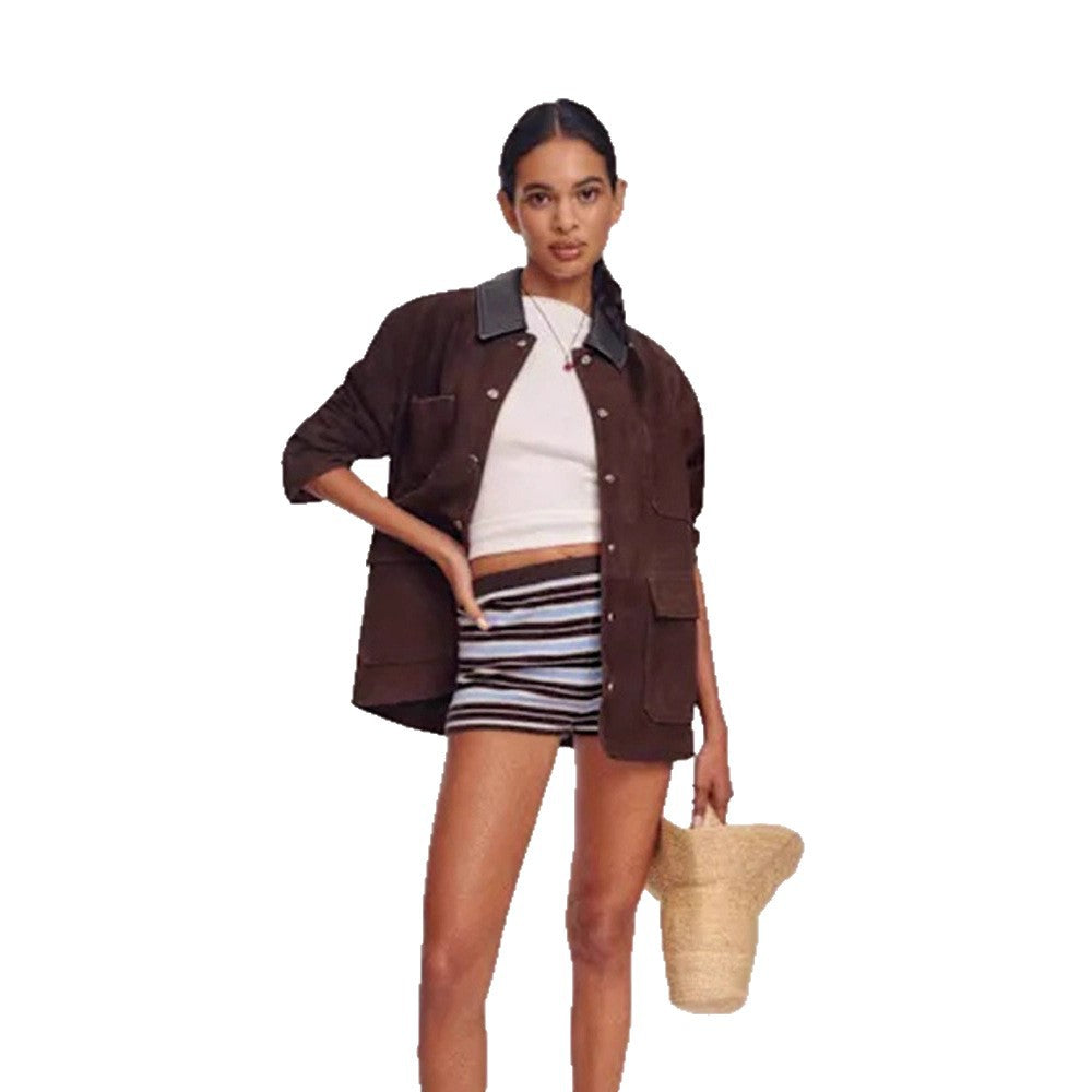 Women’s Oversized Utility Jacket in Suede-look with Contrast Collar & Flap Pockets EVA-US