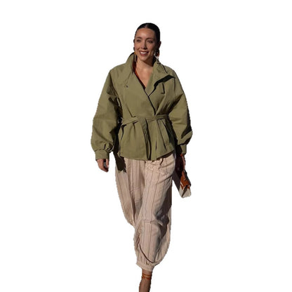 Women's Tailored Short Parka with Stand Collar, Balloon Sleeves, and Tied Belt EVA-US