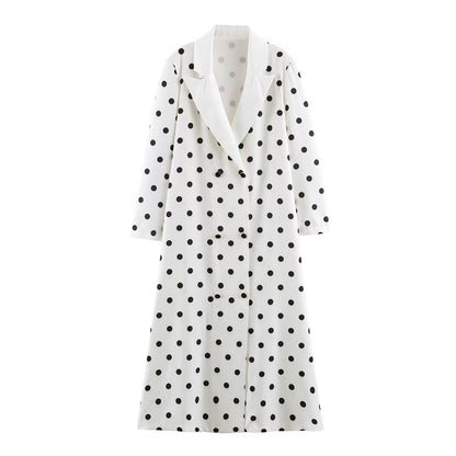 Women Mid-length Coat with Polka Dot Print, Double-breasted and Shawl Collar EVA-US
