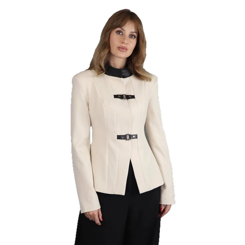 Women's Tailored Blazer with Stand-up Collar, Wiener Seams and Decorative Strap Closures EVA-US