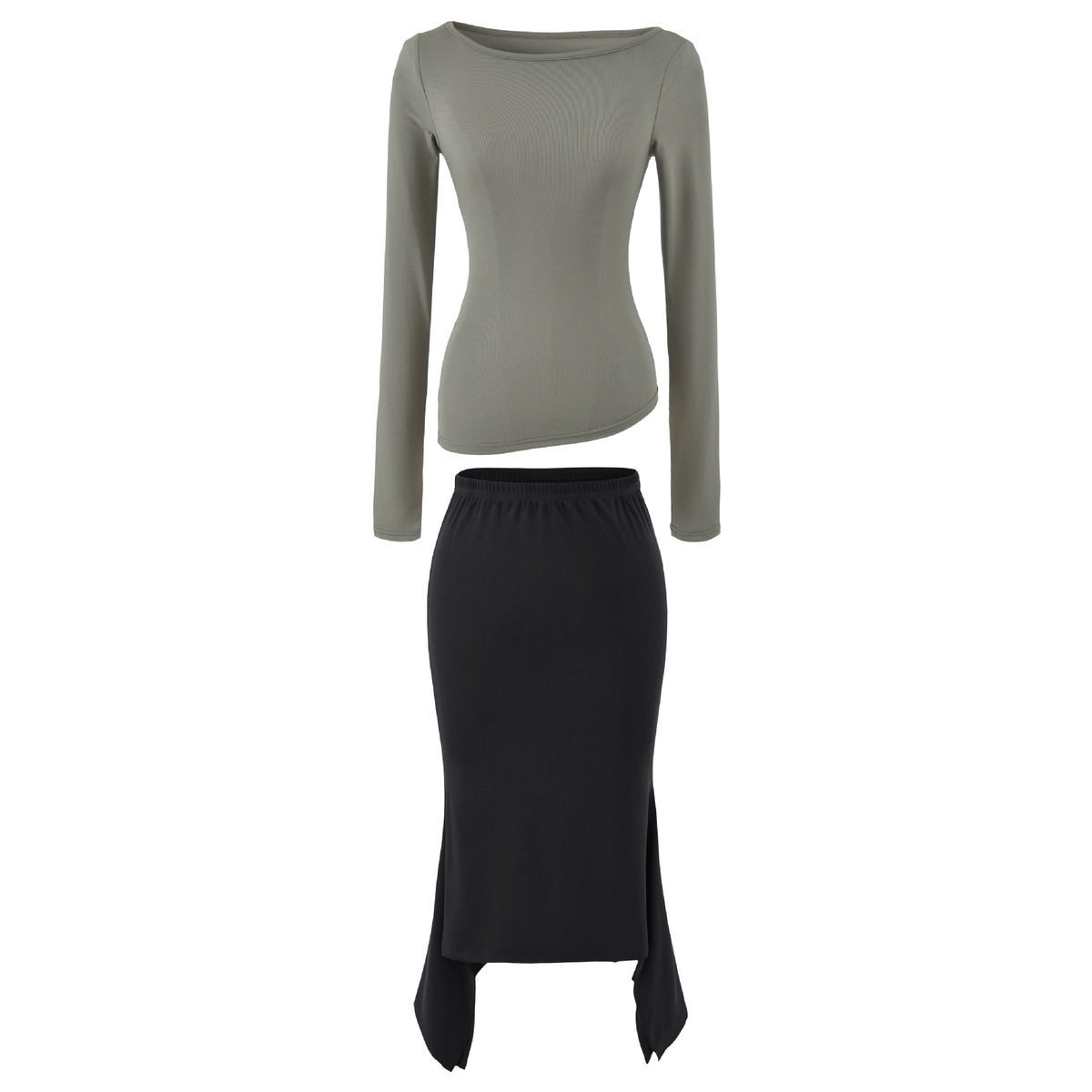 Women's Two-Piece Set with Fitted Long Sleeve Top and Maxi Skirt with Slit EVA-US