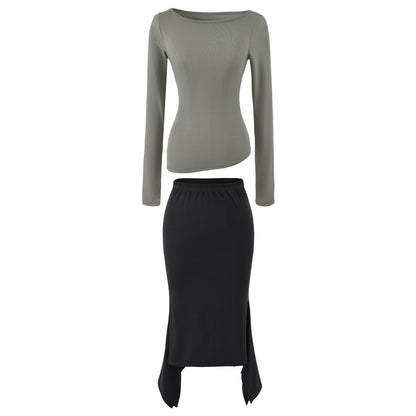 Women's Two-Piece Set with Fitted Long Sleeve Top and Maxi Skirt with Slit EVA-US